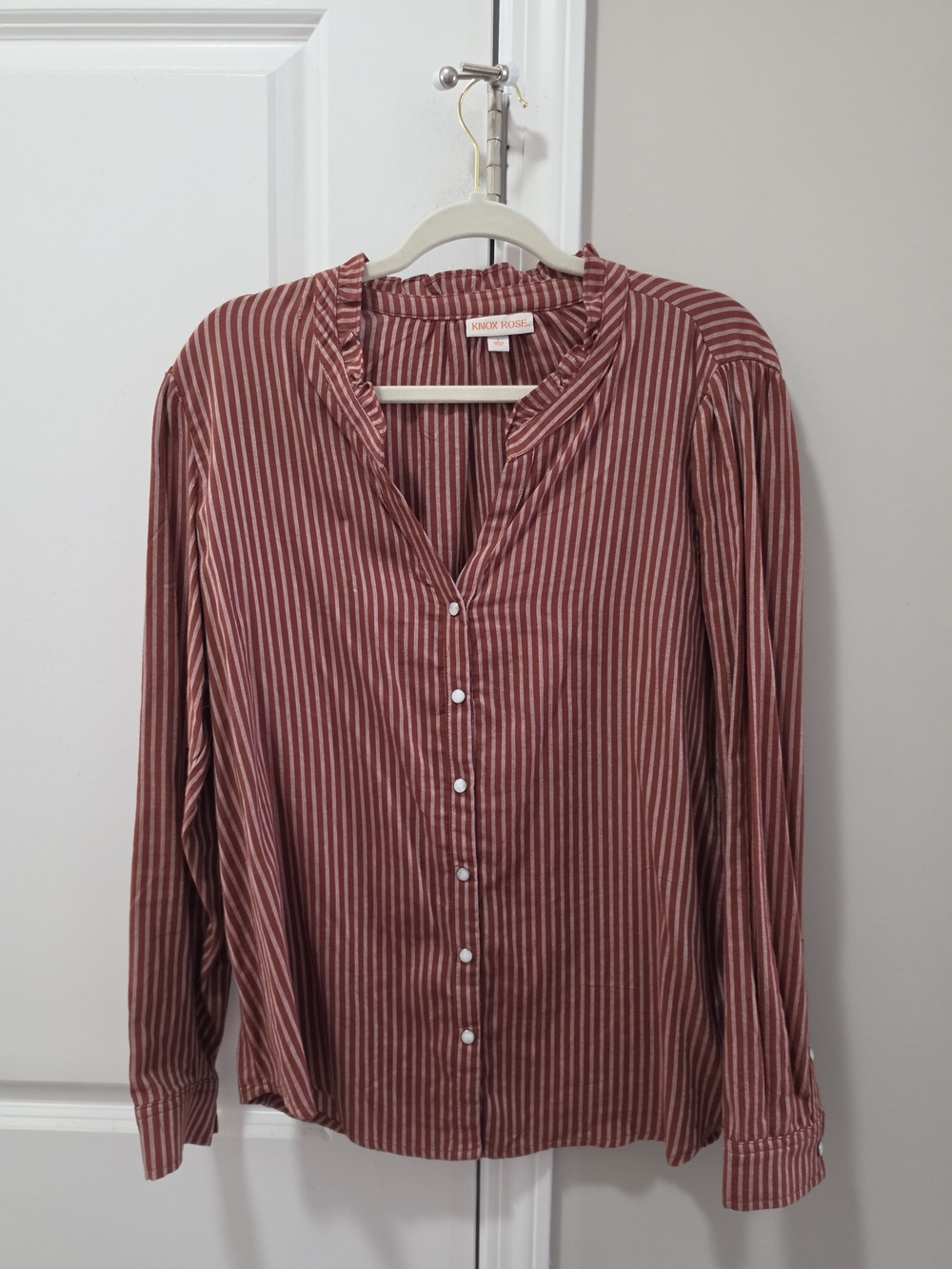 Rust and White Striped Button-Down Blouse